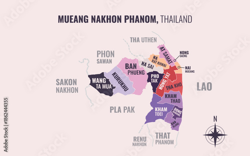 Map showing Mueang Nakhon Phanom District Nakhon Phanom Thailand divided into sub districts with minimalist colorful patterns