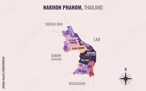 A map showing Nakhon Phanom Thailand divided into districts in a minimalist colorful style
