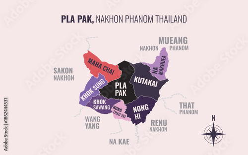 Map showing Pla Pak District Nakhon Phanom Thailand divided into sub districts with minimalist colorful patterns