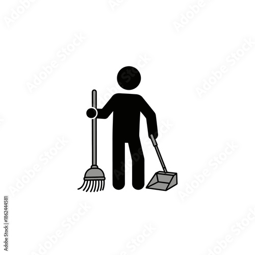 Janitor with broom and dustpan cleaning service.