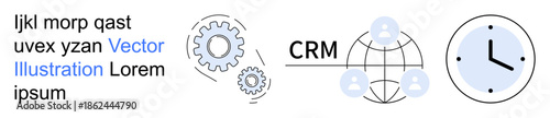Business strategy, time management, workflow optimization, customer service, global networking, process automation. Gear icons, globe with users clock. Time management and workflow optimization