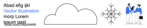 Weather forecasting, business communication, teamwork, winter , cloud storage, minimalist design. A cloud icon, snowflake symbol and two people discussing. Weather forecasting and business
