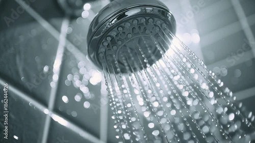 Shower head with water droplets falling from it in a bathroom setting.