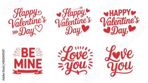 Collection of valentine's day phrases and words in red on white background for love and romance