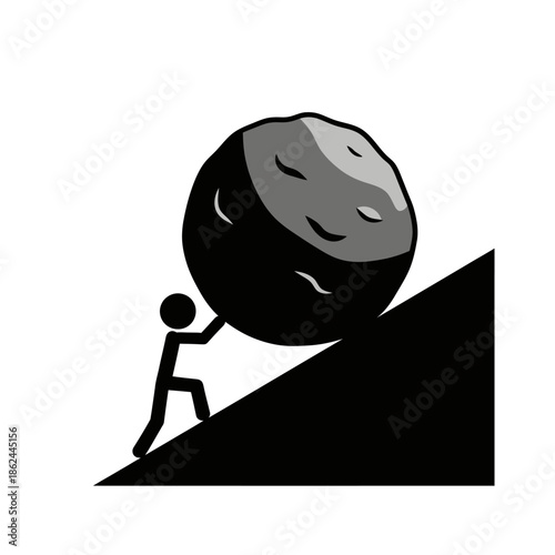 Man pushing boulder up hill hard work challenge.
