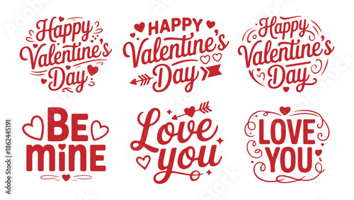 Valentine's day typography and illustrations with hearts on white background with valentine s day