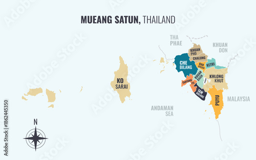 Map showing Mueang Satun District Satun Thailand divided into sub districts with minimalist colorful patterns