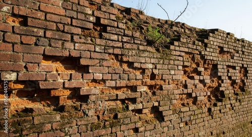 Weathered brick wall revealing textures and decomposition patterns over time