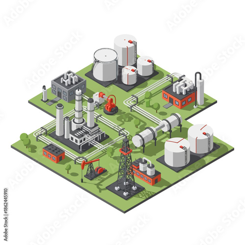 Isometric illustration of an oil refinery and petrochemical complex with various industrial buildings and storage tanks.