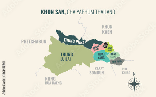 Map showing Khon San District Chaiyaphum Thailand divided into sub districts with minimalist colorful patterns