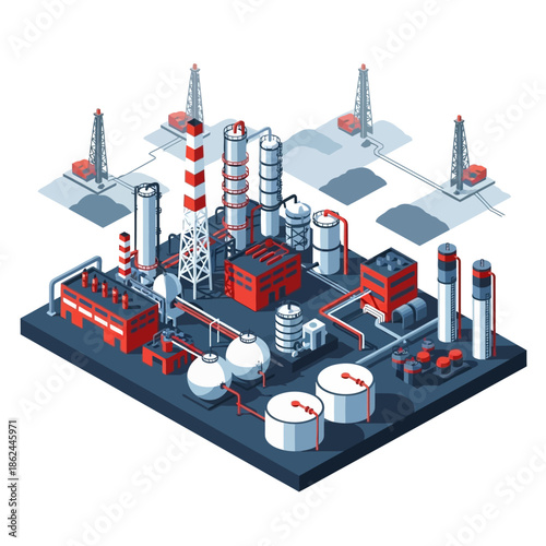 Isometric illustration of an oil refinery or chemical plant with multiple industrial buildings, storage tanks, pipelines, and drilling rigs in the background.