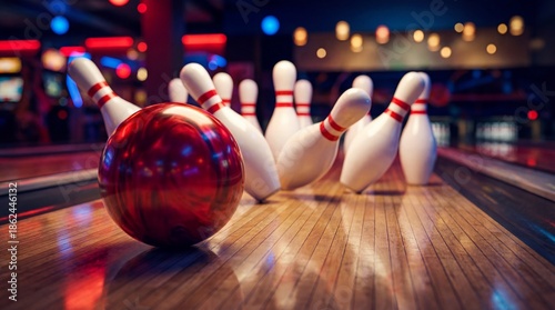 Dynamic Low Angle Bowling Ball and Pins in Action Shot Game