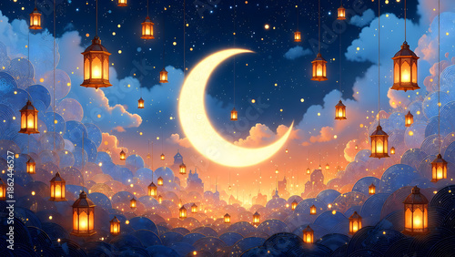 A magical night sky with a glowing crescent moon, soft clouds, and numerous illuminated lanterns floating above a twinkling city.