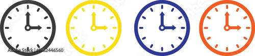 Four analog clocks with different colors and times