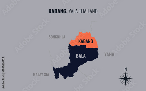 Map showing Kabang District Yala Thailand divided into sub districts with minimalist colorful patterns