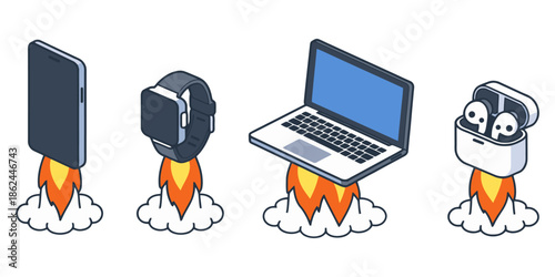 A modern flat vector illustration showing multiple technology devices launching like rockets, symbolizing startup growth, innovation, speed, and digital progress. Ideal for business presentations, tec
