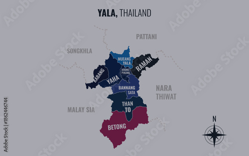 A map showing Yala Thailand divided into districts in a minimalist colorful style