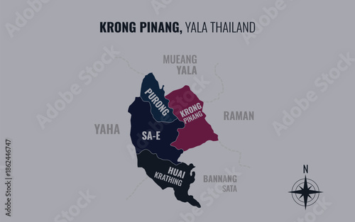 Map showing Krong Pinang District Yala Thailand divided into sub districts with minimalist colorful patterns