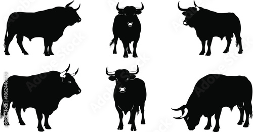Six black silhouettes of bulls and cows in various poses