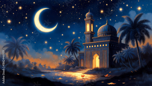 A serene night scene featuring a beautifully lit mosque under a crescent moon and starry sky, with palm trees and reflections on water.