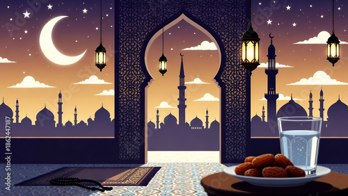 Ramadan evening scene with dates, water, prayer mat, and mosque silhouettes under a crescent moon.