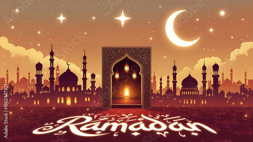Stylized illustration of a Ramadan night scene with a crescent moon, stars, mosque silhouettes, and an ornate archway with glowing lanterns, featuring the word Ramadan in script.