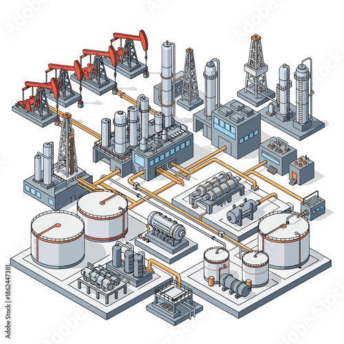 Isometric illustration of an oil and gas industry complex with derricks, rigs, pipelines, storage tanks, and refinery units.