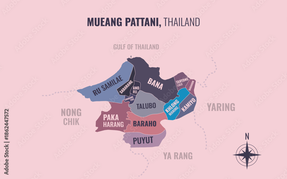 Obraz premium Map showing Mueang Pattani District Pattani Thailand divided into sub districts with minimalist colorful patterns