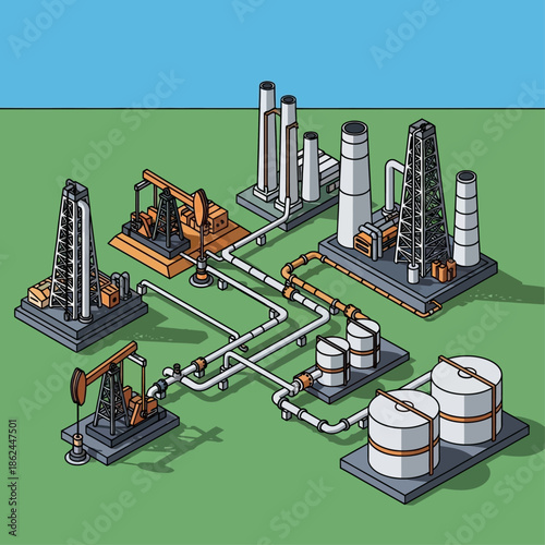 Isometric illustration of an oil and gas industry complex with derricks, refineries, pipelines, and storage tanks.