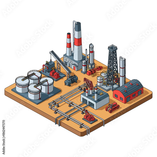 Isometric illustration of an oil refinery or petrochemical plant with various industrial structures, tanks, pipelines, and drilling equipment.