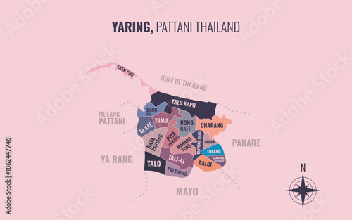 Map showing Yaring District Pattani Thailand divided into sub districts with minimalist colorful patterns
