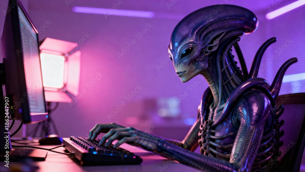 Obraz premium Alien typing on computer keyboard