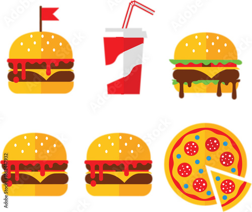 Fast food icon set with burgers, soda cup, and pizza slice, colorful flat illustrations for restaurant menus, delivery apps, street food branding, and snack design projects
