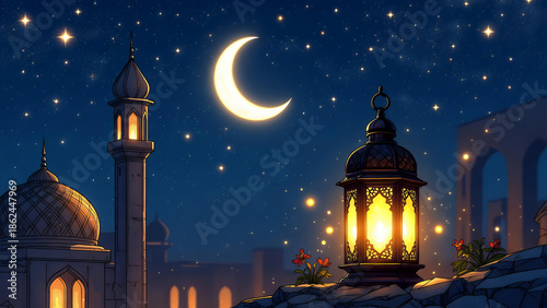 A serene night scene with a glowing crescent moon, twinkling stars, an illuminated mosque, and a warm lantern.