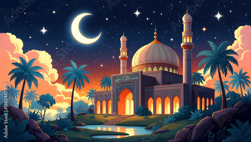 A beautiful mosque illuminated at night under a crescent moon and starry sky, surrounded by palm trees and a reflective pond.