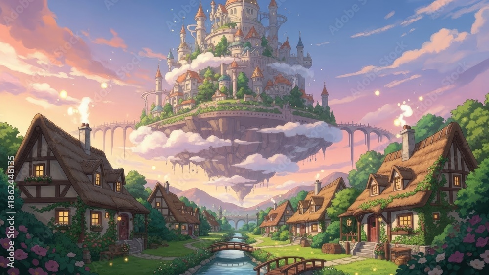 Obraz premium Enchanting Fantasy Village with Floating Castle and Charming Cottages by a River at Sunset