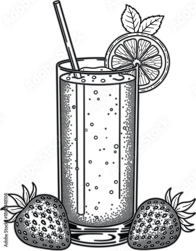 Black and white smoothie illustration with strawberries and citrus slice, vintage engraved drink artwork for menu design, packaging, healthy beverage branding, and retro food graphics