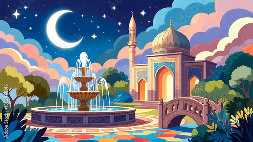 A vibrant illustration of a mosque with a dome and minaret, a crescent moon, stars, and a tiered fountain in a colorful garden at night.