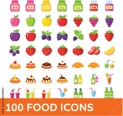 Food icons mega set illustration with fruits, desserts, drinks, and jars, colorful flat symbols collection for app UI, menu design, grocery projects, and digital food interfaces