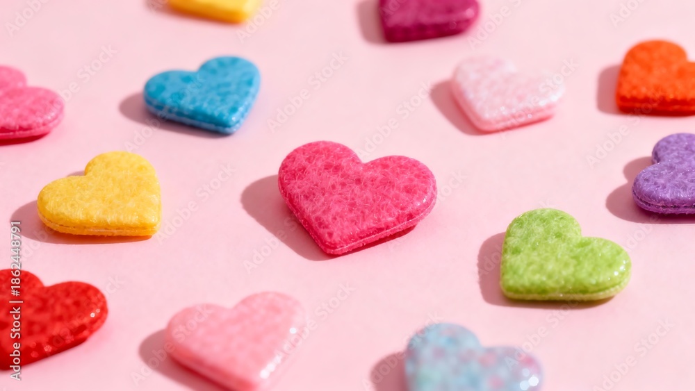 Obraz premium A vibrant and playful collection of colorful textured heart shapes scattered on a soft pink background