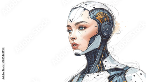 Elegant Female Cyborg with Blue Eyes and Intricate Mechanical Details