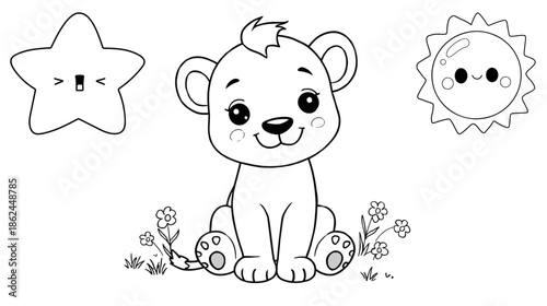 Adorable Cartoon Baby Animal Sitting in a Grassy Field with Blooming Flowers