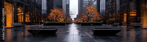 Urban plaza adorned with illuminated trees in the rain.