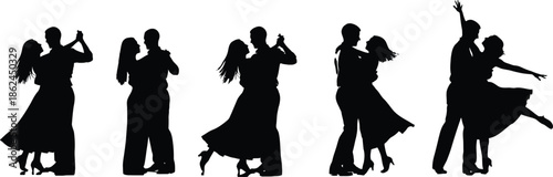 Silhouettes of dancing couples in various ballroom dance poses