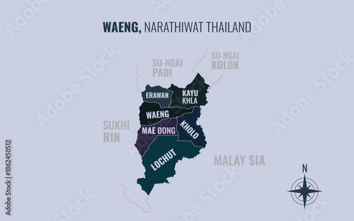 Map showing Waeng District Narathiwat Thailand divided into sub districts with minimalist colorful patterns