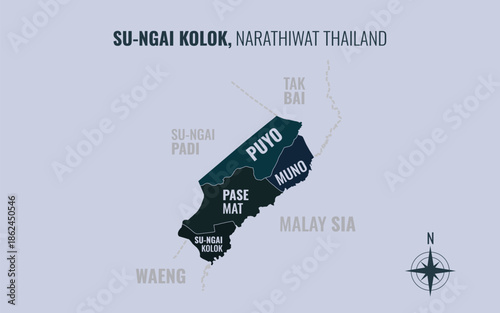 Map showing Su ngai Kolok District Narathiwat Thailand divided into sub districts with minimalist colorful patterns