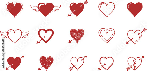 Collection of red and white hearts with arrows and wings