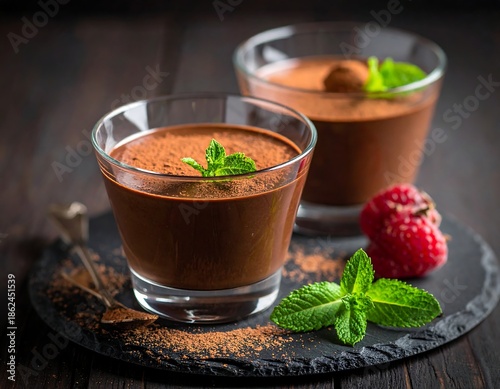 Two chocolate desserts in glasses, garnished with mint and berries