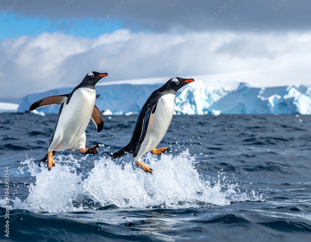 Obraz premium Two penguins leap from ocean, splashing water. Iceberg in the background