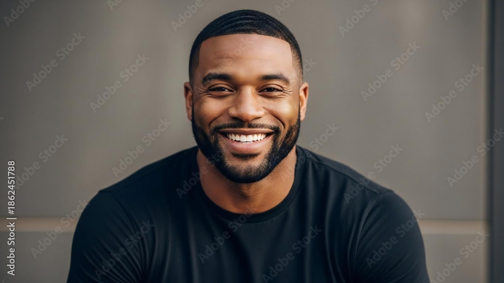 Obraz premium Smiling man in casual black shirt posing against neutral background